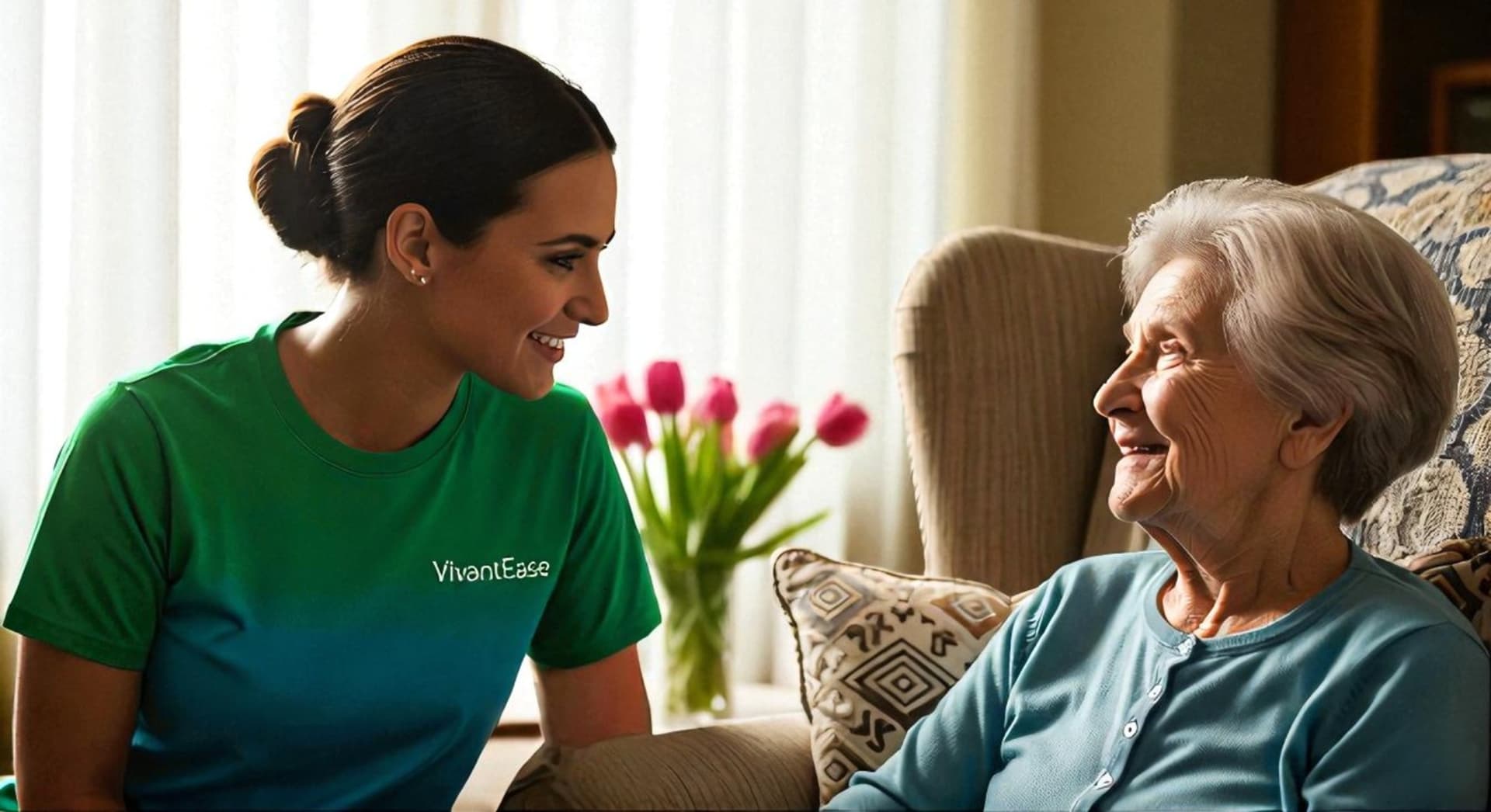 A caregiver compassionately assisting an elderly person in Pune.