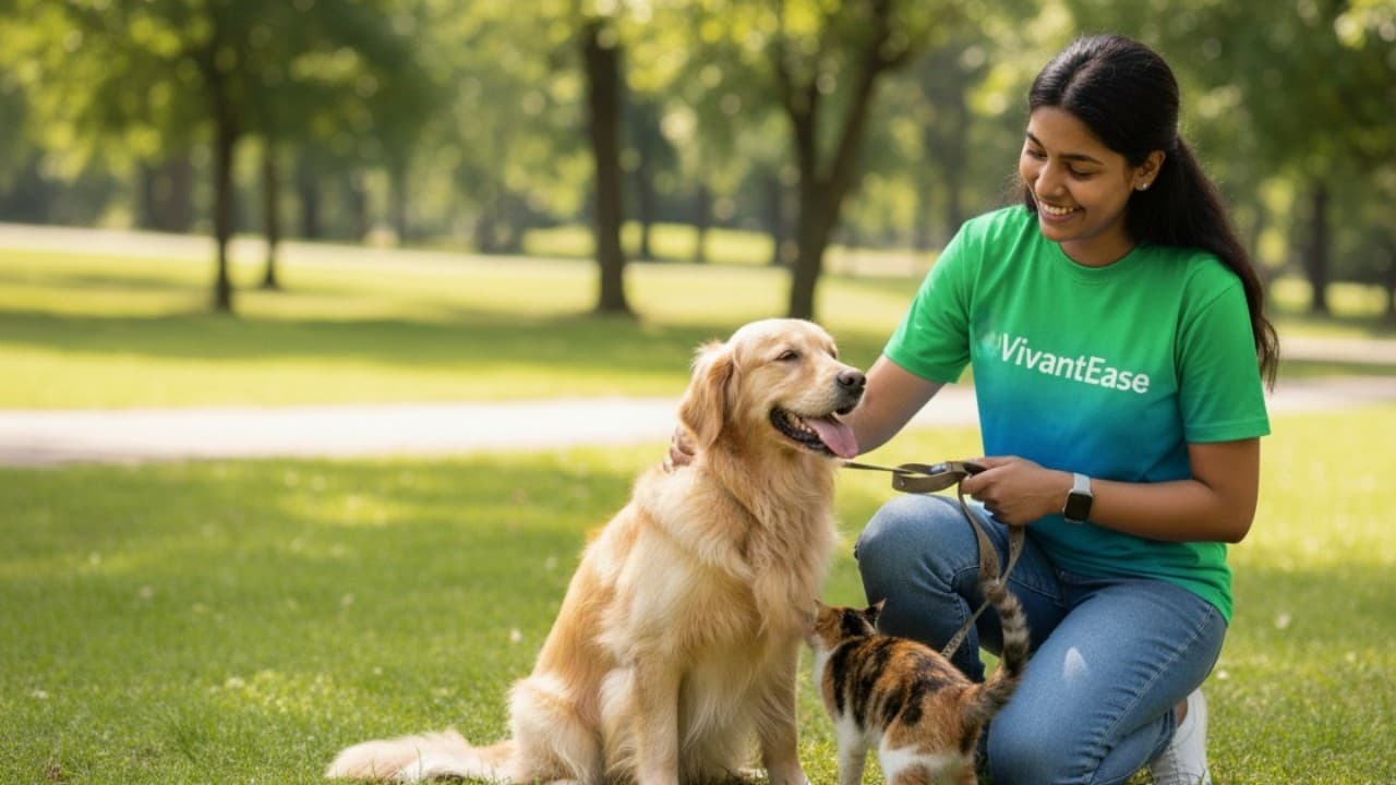 A happy dog being cared for by a professional pet sitter in India.